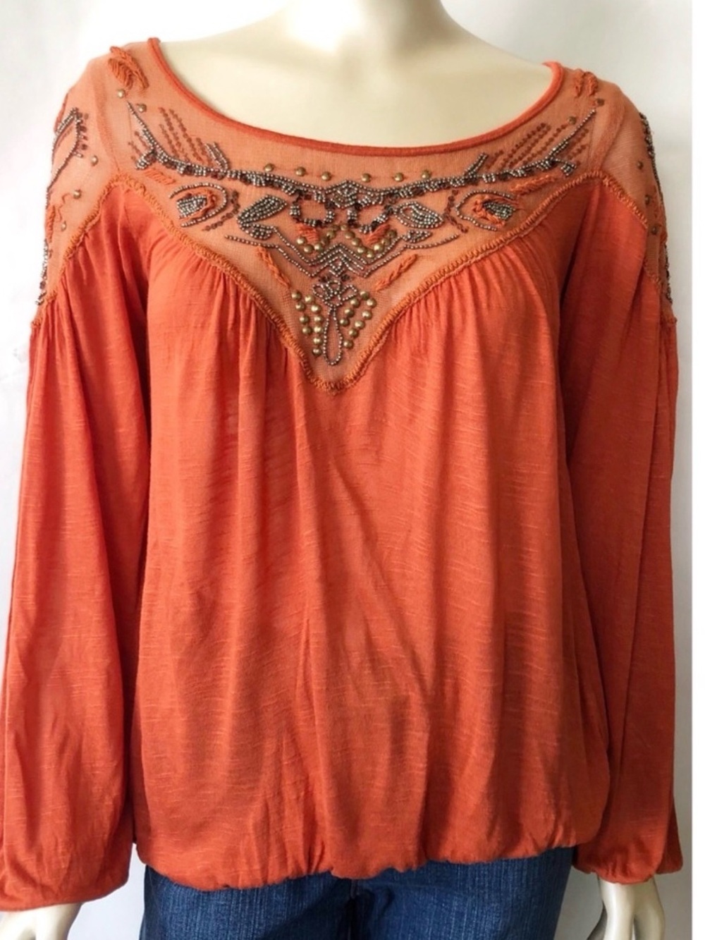 Free People ♥️ Beaded Boho Blouse - Rust/Terra Cotta